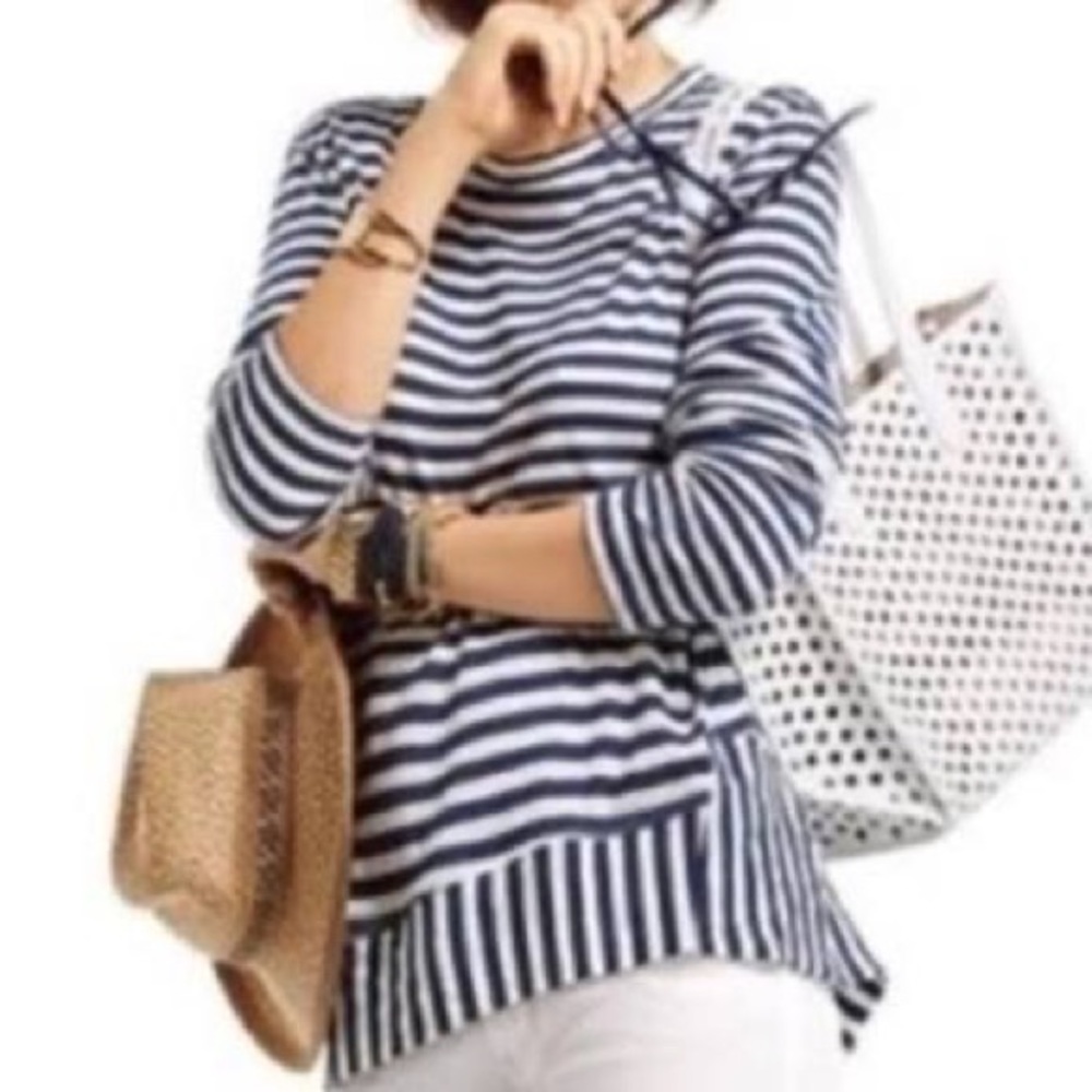 CAbi navy blue and white striped bengal shirt.